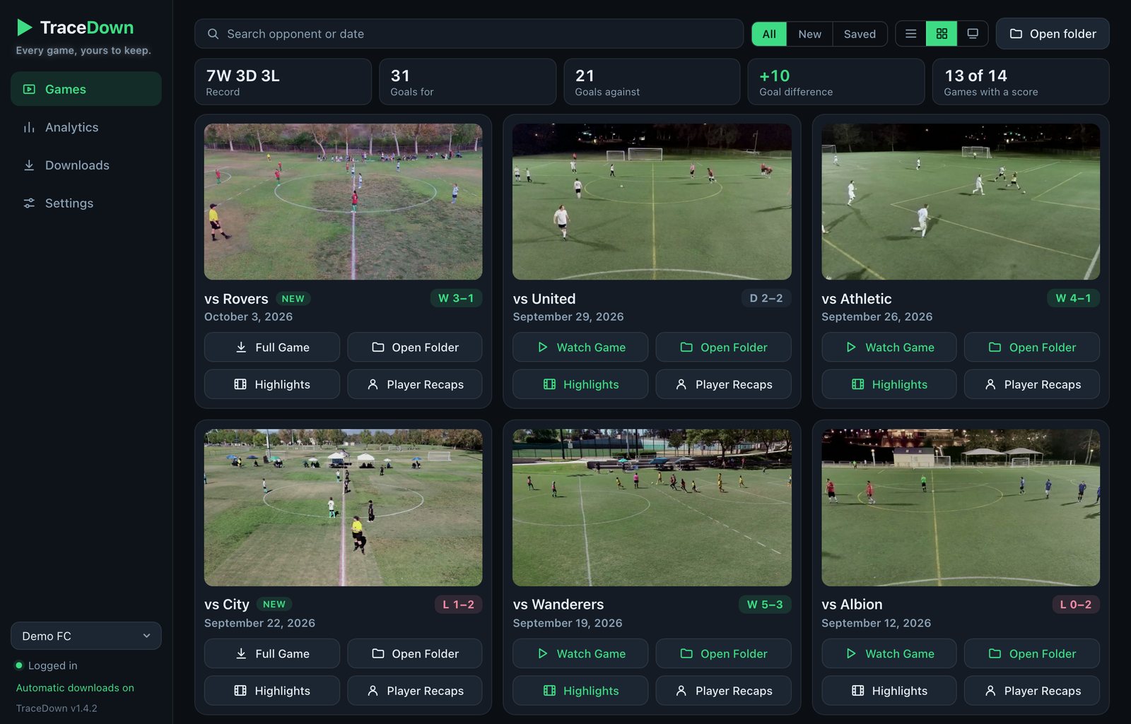 TraceDown's games view, with a card for each game
